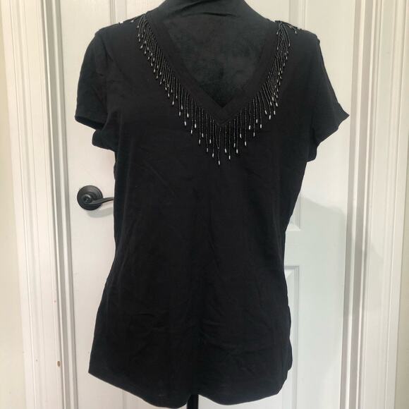 INC International Concepts Women'sT-Shirt Beaded V-Neck Short Sleeve Black Large - Picture 2 of 7